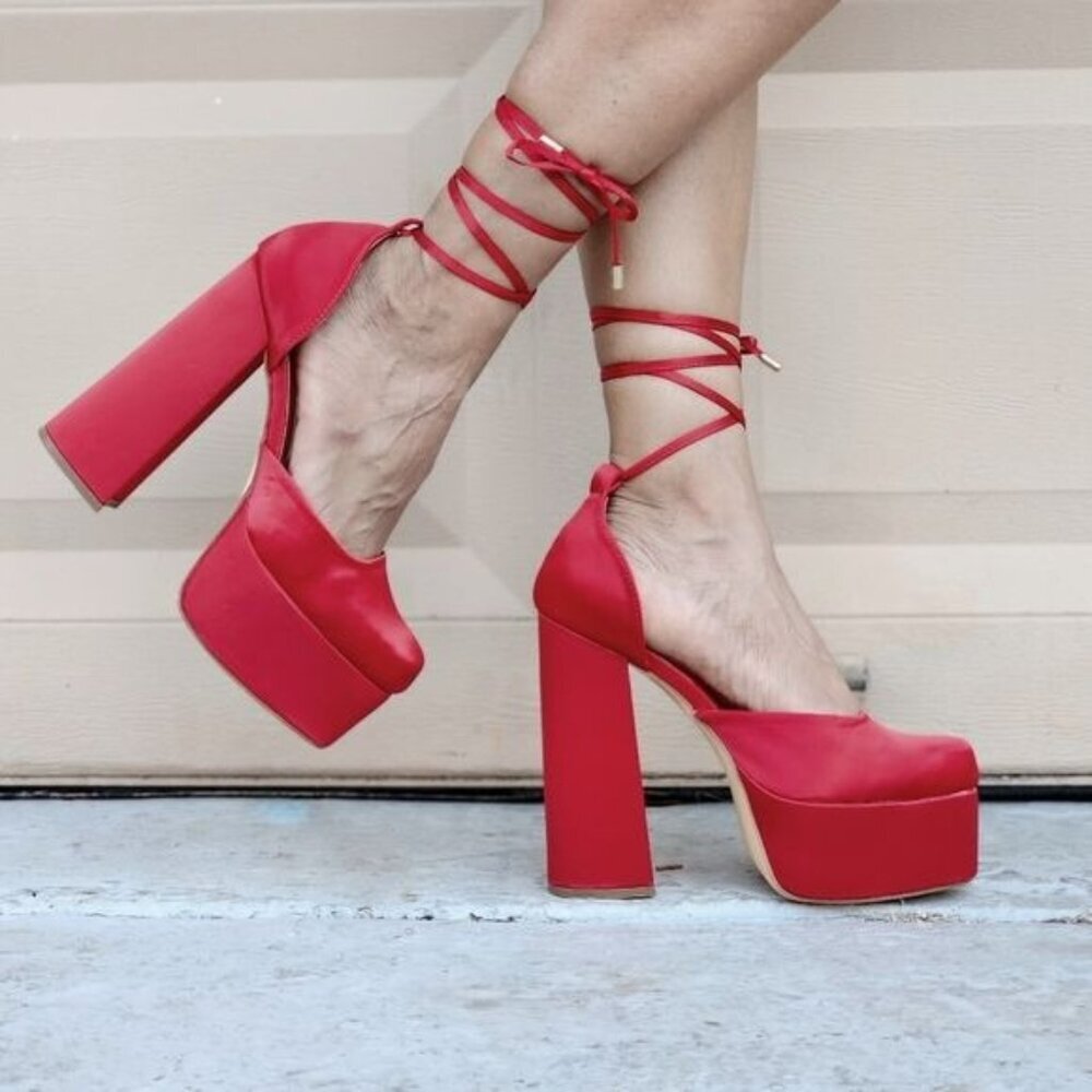 Womens Satin Platform Chunky Lace Up Heels Red Color‎